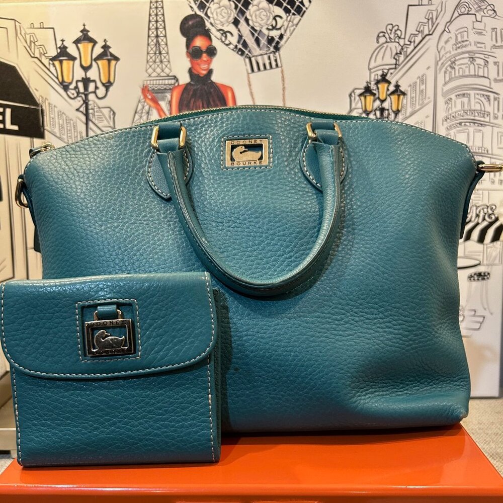 Dooney & Bourke Dillen II Satchel in Teal Pebble Leather & Leather Wallet
